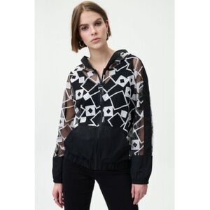 JOSEPH RIBKOFF SHEER PATTERNED HOODIE IN BLACK & WHITE SIZE US 14